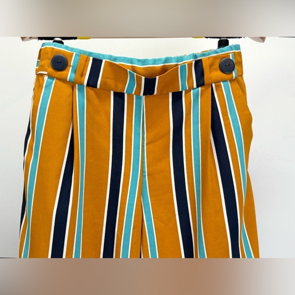 ZARA Mustard yellow and navy stripe elastic waist crop pants size L - Picture 3 of 13